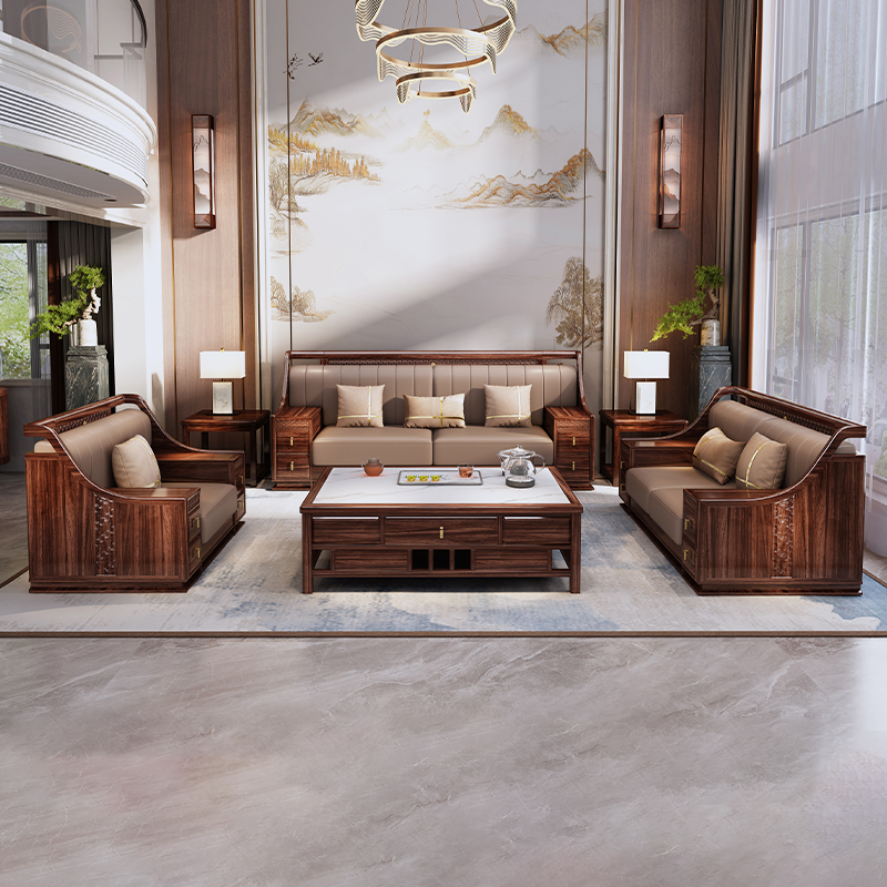 乌金木实木沙发新中式客厅直排沙发家用大小户型冬夏两用布艺沙发