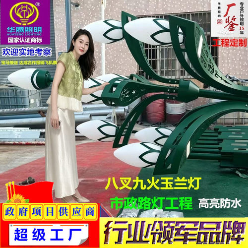 华腾定制八叉九火玉兰灯市政道路工程路灯高杆新中式广场中华灯
