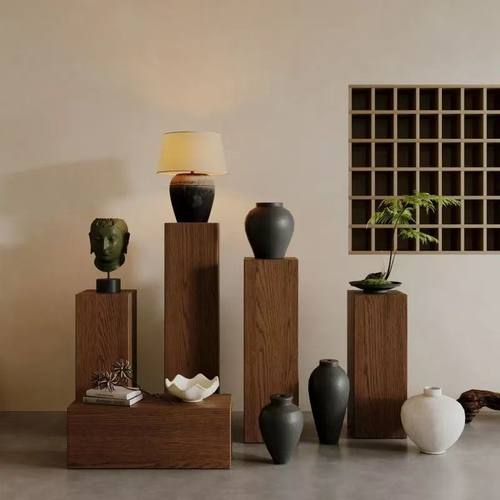 实木墩子复古胡桃色侘寂风实木整切根雕花架客厅落地式置物架摆件