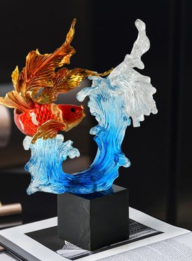 新中式高级感珐琅彩摆件招财锦鲤C风生水起办公室酒柜装饰开业礼