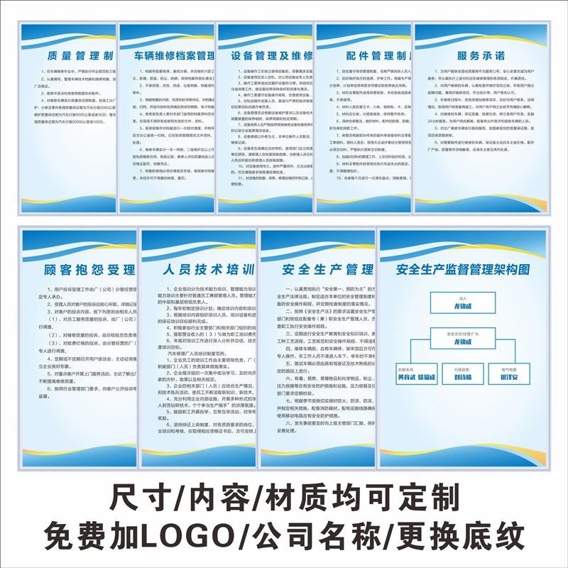汽车维修管理制度牌一类二类三类修理厂4S店P运管检查全套上墙制