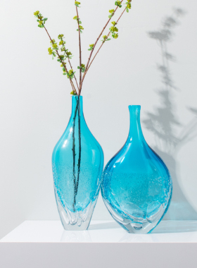 海蓝色琉璃玻璃花瓶轻奢家居饰品客厅桌面花器样板房果Y盘套装摆