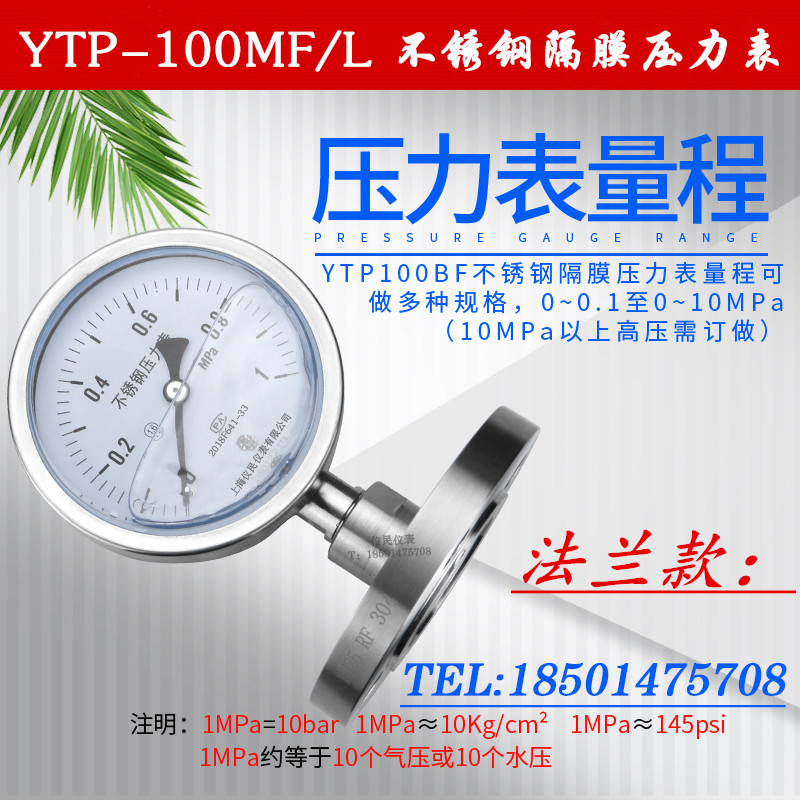 YTP100ML MF 不锈钢隔膜压力表 法兰压力表 膜片DN25 DN50 四氟