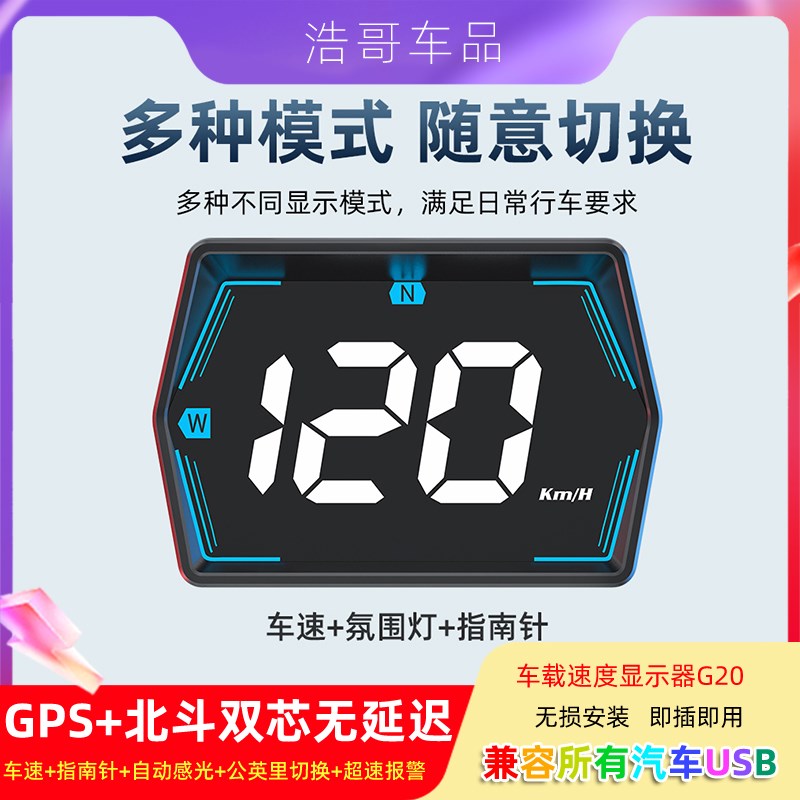 2025升级款HUD车载抬头显示器七彩炫酷字体高清车速码表时钟方向