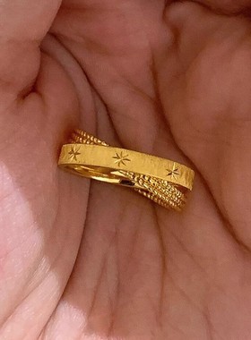 金色拉丝双环星芒戒指复古温润女