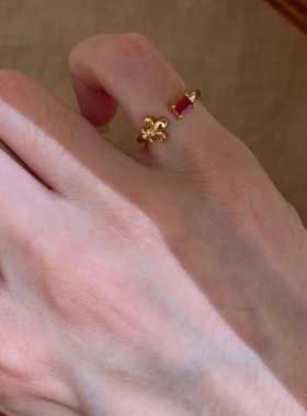 vintage复古鸢尾花女红锆石戒指