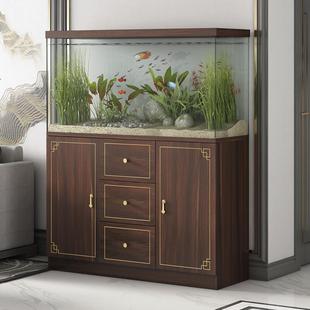鱼缸柜实木底柜超白缸海缸地柜带抽屉描金水族箱水草缸架子 新中式