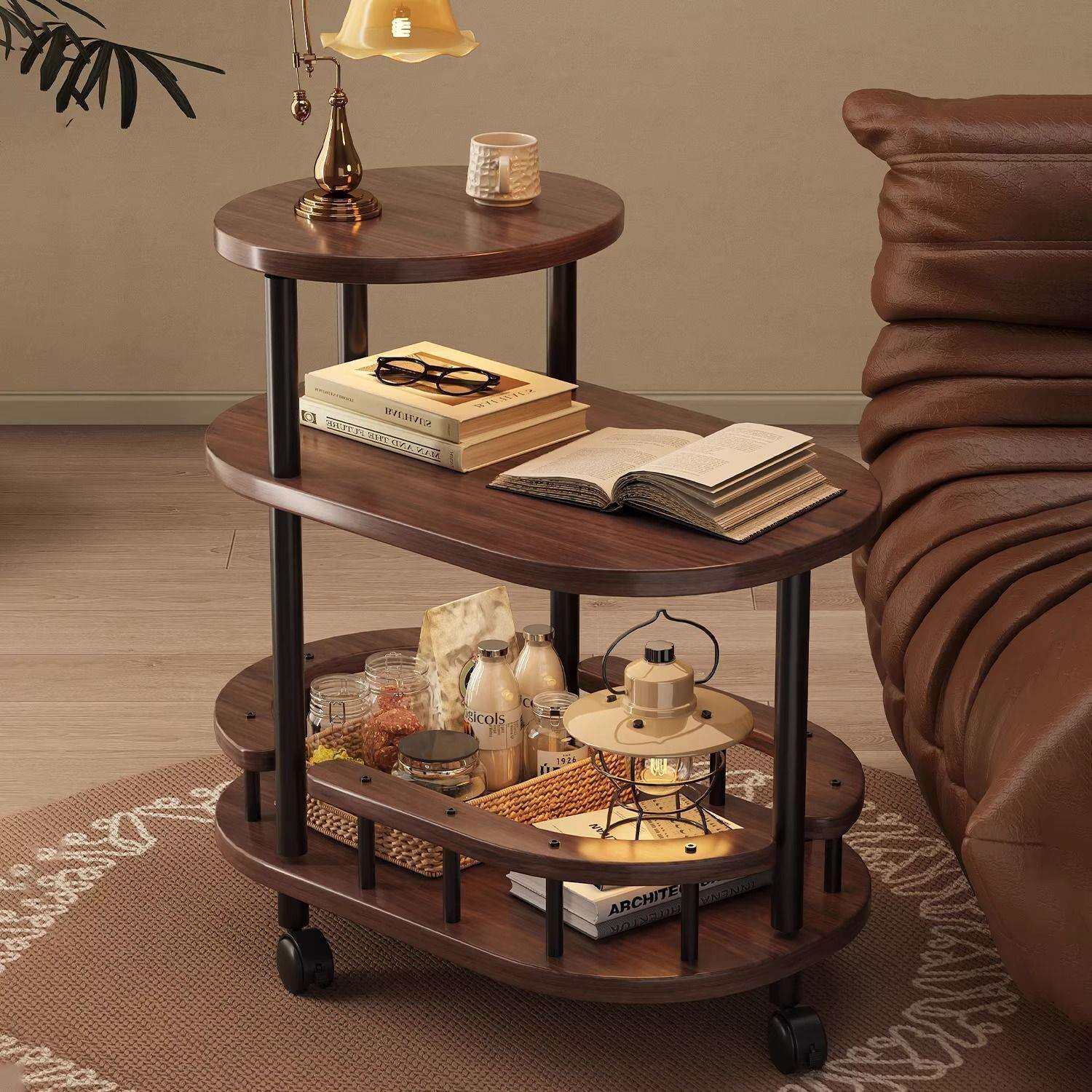 沙发边柜侧边柜中古风边几可移动边桌带轮置物架茶桌阳台小茶几