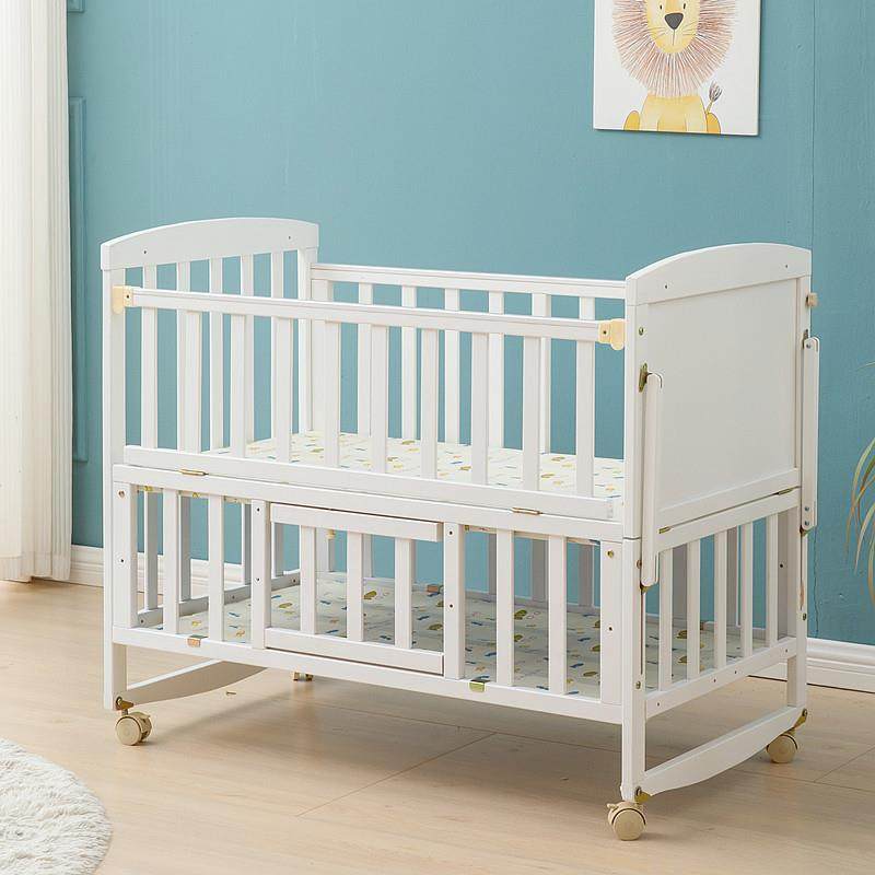 白色婴儿床实木婴幼儿宝宝床小童床卧室拼接床可加长调高度变书桌