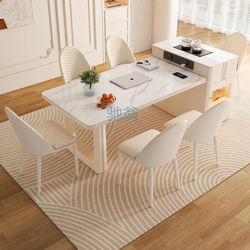 fLE岛台餐桌一体小户型奶油风可伸缩岩板餐桌多功能吧台烧水轻奢