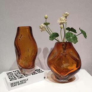 简约现代琥珀色不规则气泡手工工艺品玻璃花瓶样板房茶几创意摆件
