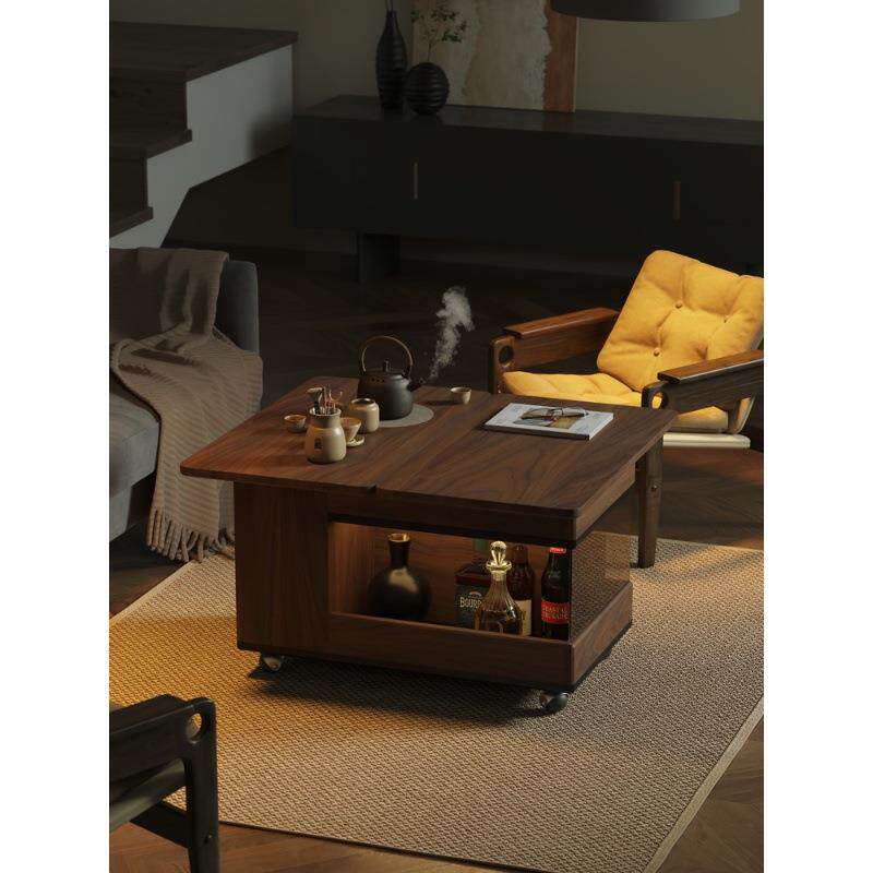 沙发边柜侧边柜可折叠翻转实木边几黑胡桃木可移动小推车旋转茶几