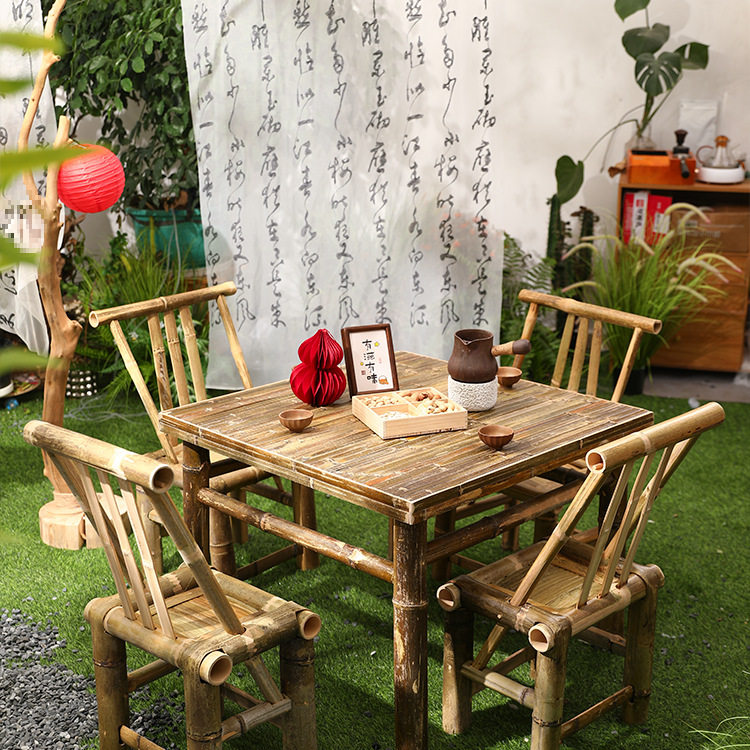 竹椅子竹桌组合户外庭院休闲吃饭煮茶桌怀旧复古风手工老式竹桌H^
