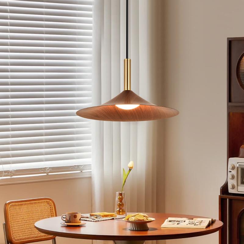 餐厅吊灯中古现代简约饭厅餐桌日式桃木纹飞碟灯吧台护眼中山灯具