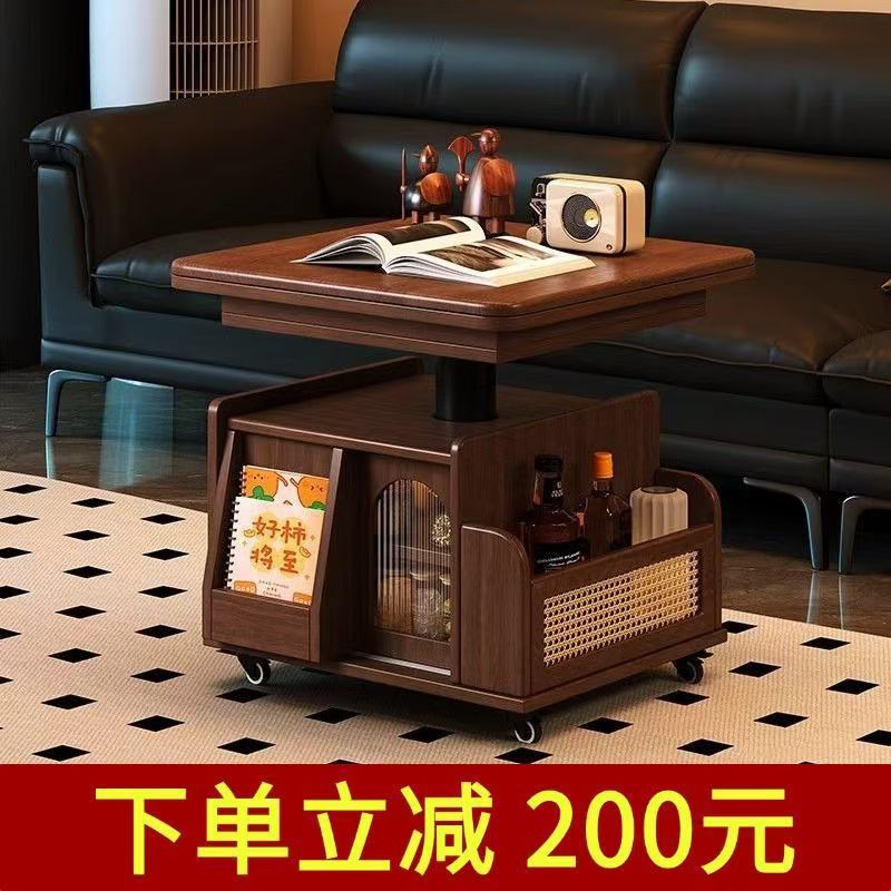 实木可移动茶几多功能可升降折叠边几推车中古风家用茶桌餐桌两用图片