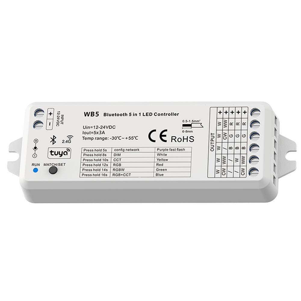 WB5TUYA蓝⽛&RF5路RGB、RGBW、RGB+CCT、⾊温或单⾊LED灯带音乐