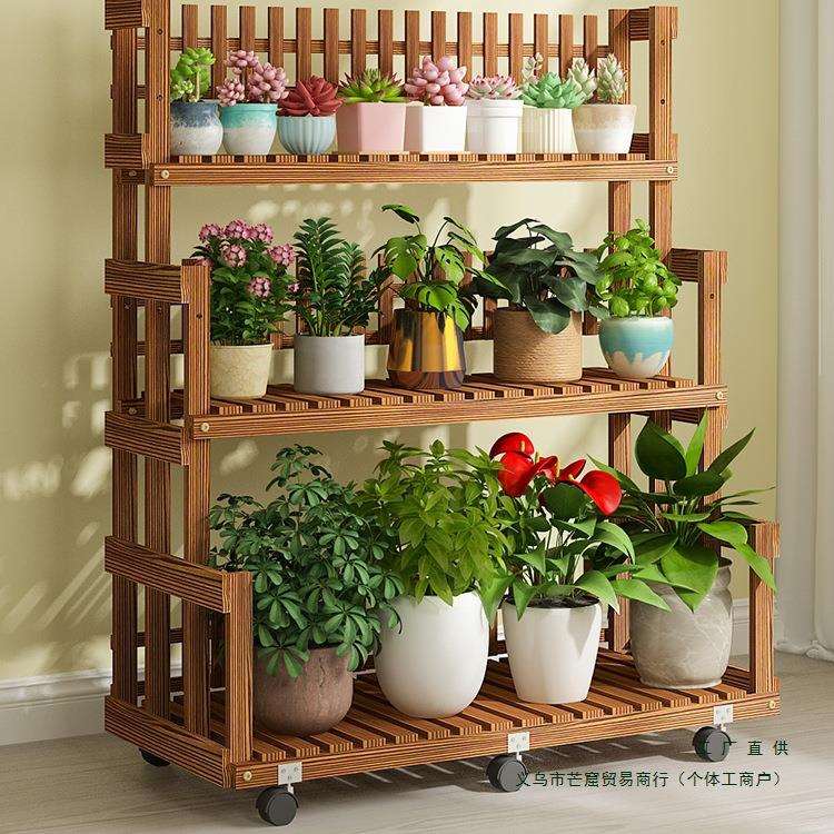 花架置物架阳台2024新款移动落地式实木带轮花架子客厅室内防腐木