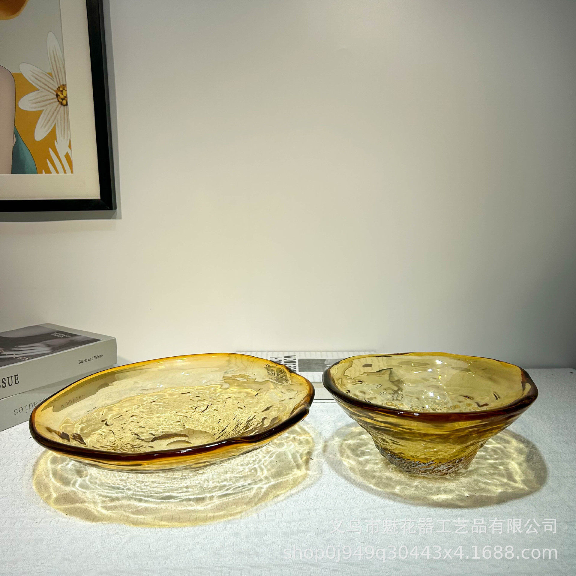 现代轻奢风琥珀色纯手工琉璃果盘客厅茶几水果盘样板间高级感摆件