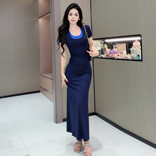 连衣裙女夏季 冰冰女装 收腰修身 法式 不规则褶皱掐腰气质长裙 新款