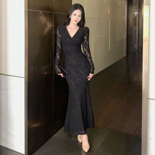 秋冬气质新款 连衣裙 蕾丝拼接名媛高级气质V领复古法式