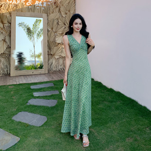 仲夏绵绵冰波点连衣裙女韩系气质收腰晕染长裙子
