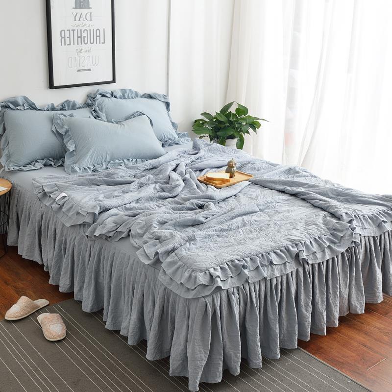 韩版纯色水洗棉花边少女心公主夏被床裙床单夏凉被四件套空调被