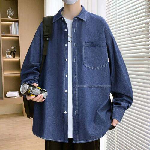 初高中学生牛衣服仔春秋款宽松长袖棉衬衣男无铁无金属衬DP--CS15