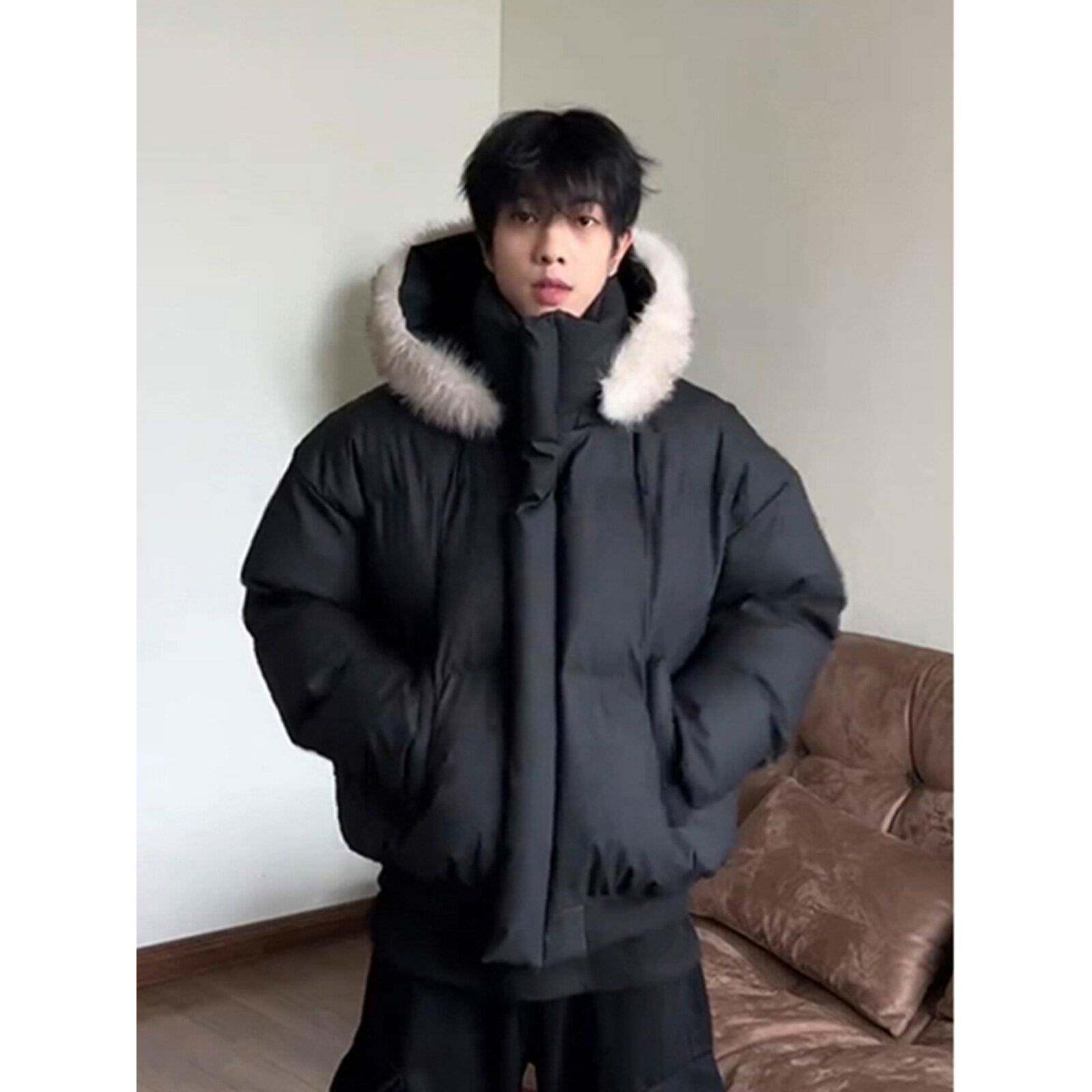 黑色短款毛领羽绒服男冬季加厚保暖工装棉衣外套连帽情侣派克棉服
