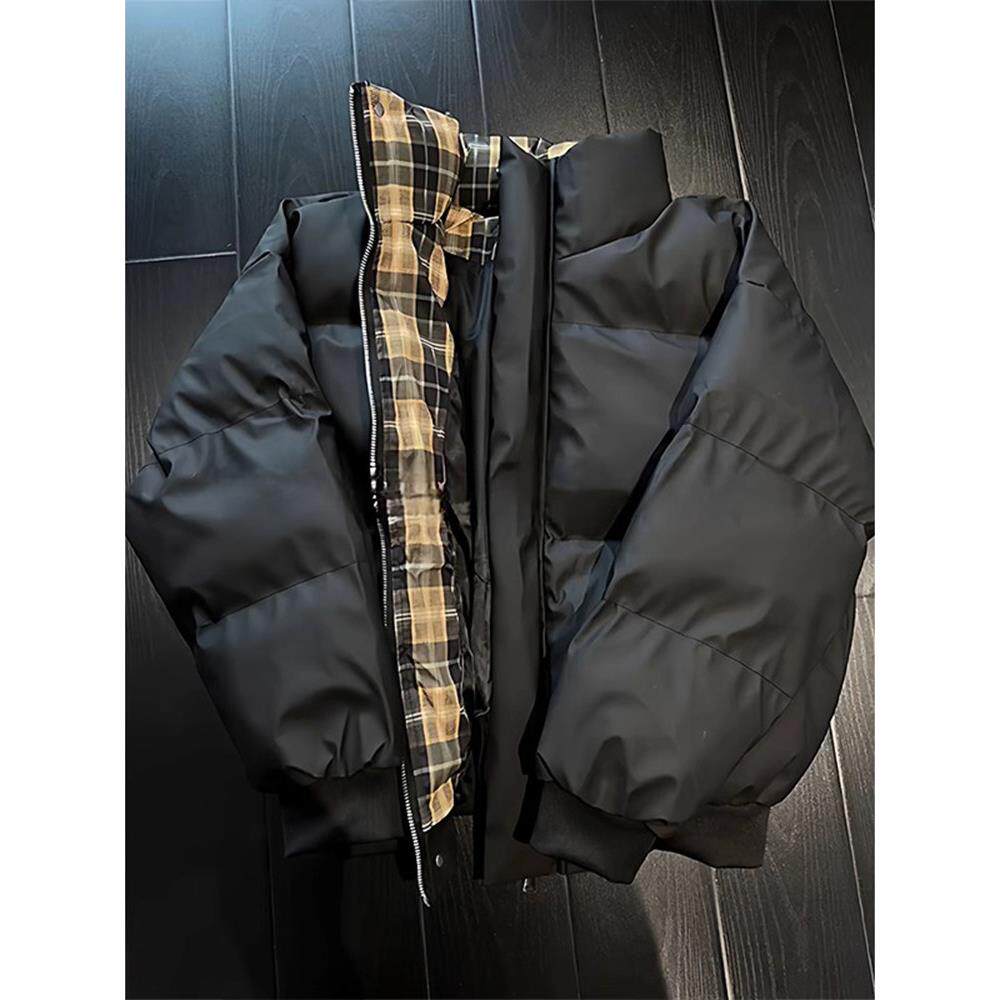 黑色格纹拼接PU皮羽绒服男款冬季棉服平湖短款棉衣美式立领面包服
