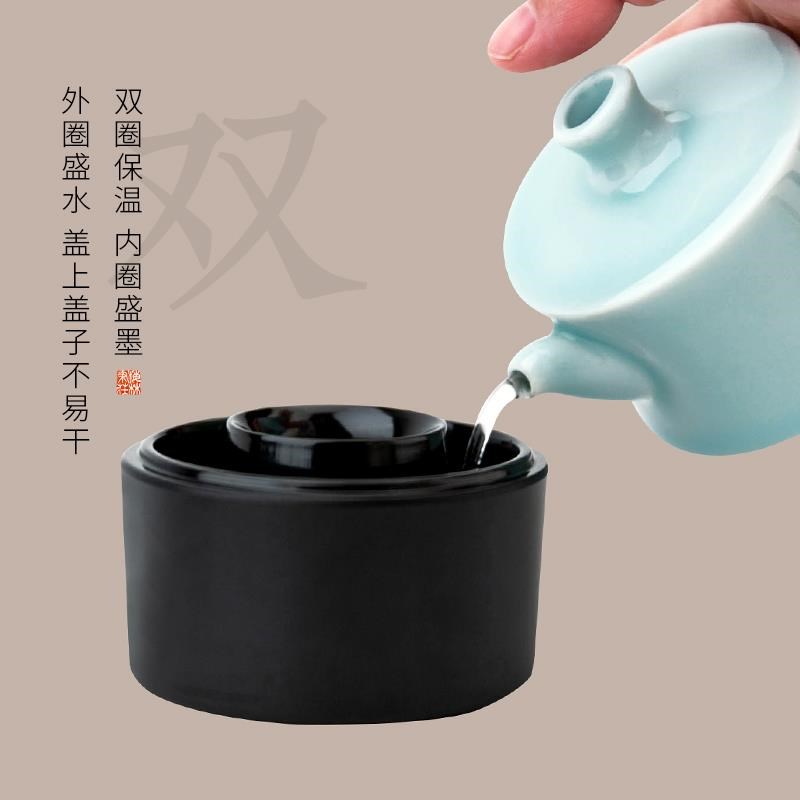 梅林笔庄小罐火锅砚台书法多功能墨盒I带盖双圈保湿不干墨小楷