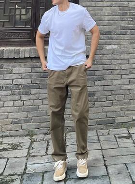 军绿色美式破线条直筒木工装ZZ240818裤男款痞伐帅高级裤感子修身