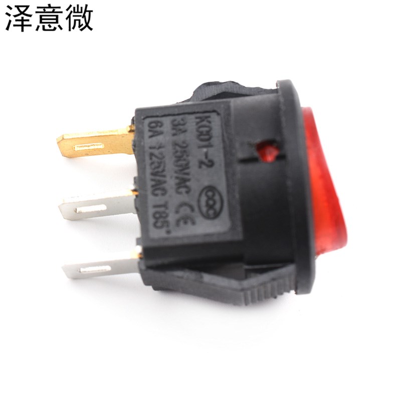 KCD5小圆形船型开关 船形孔15mm翘板电源2脚二档三脚 黑/红色带灯