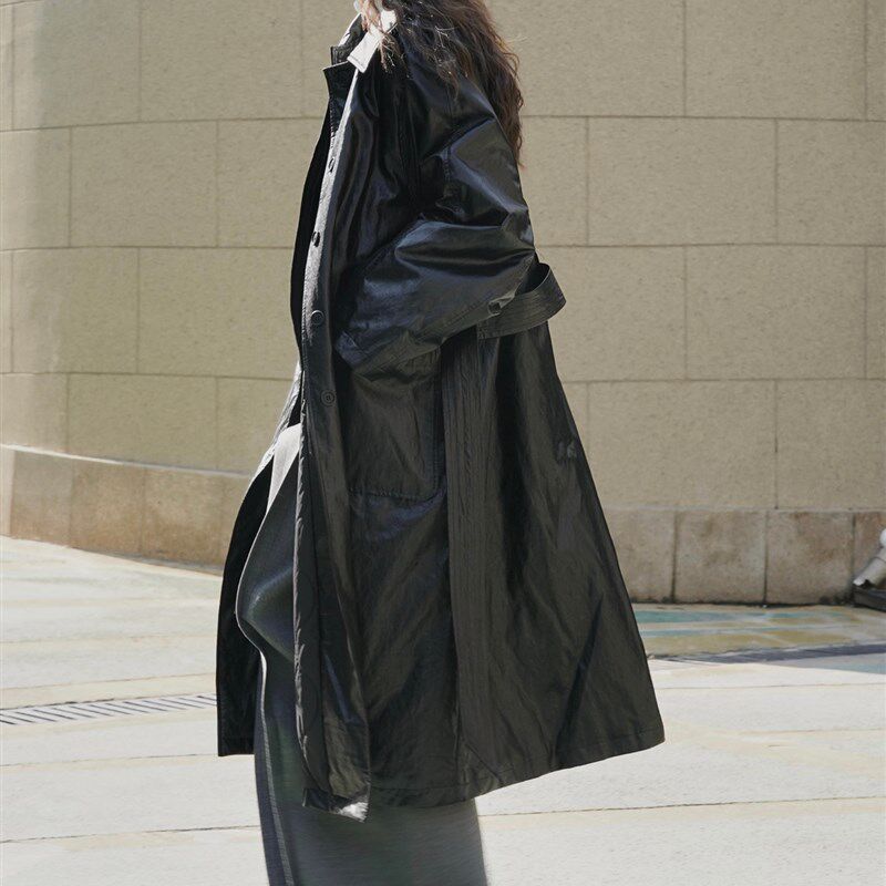 新品黑色PU皮夹棉风衣棉服冬C季新款时髦廓形宽松长款外套女