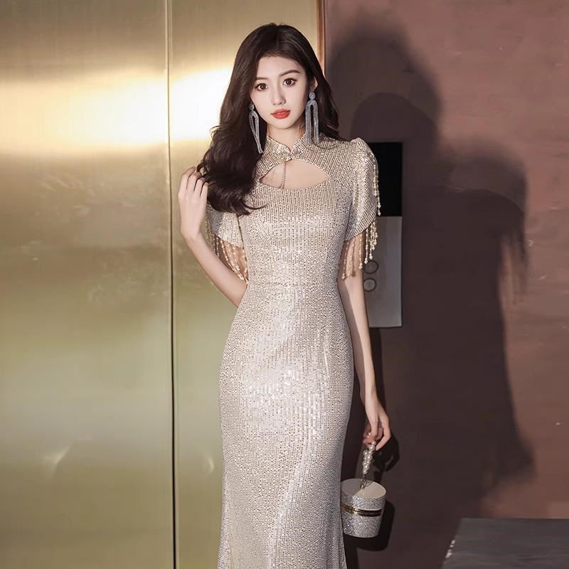 速发晚礼服女主持人轻奢小众高端订婚宴会气质鱼尾裙高级感小个子