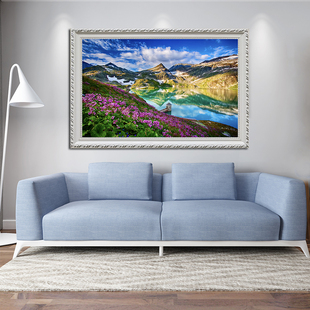 极速自粘风d景贴画大自然山水画高山河流湖泊客厅带框挂画卧室装