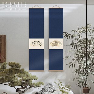 极速禅意新中式扇j面卷轴挂画张大千茶室书房竹帘画玄关走廊竖版
