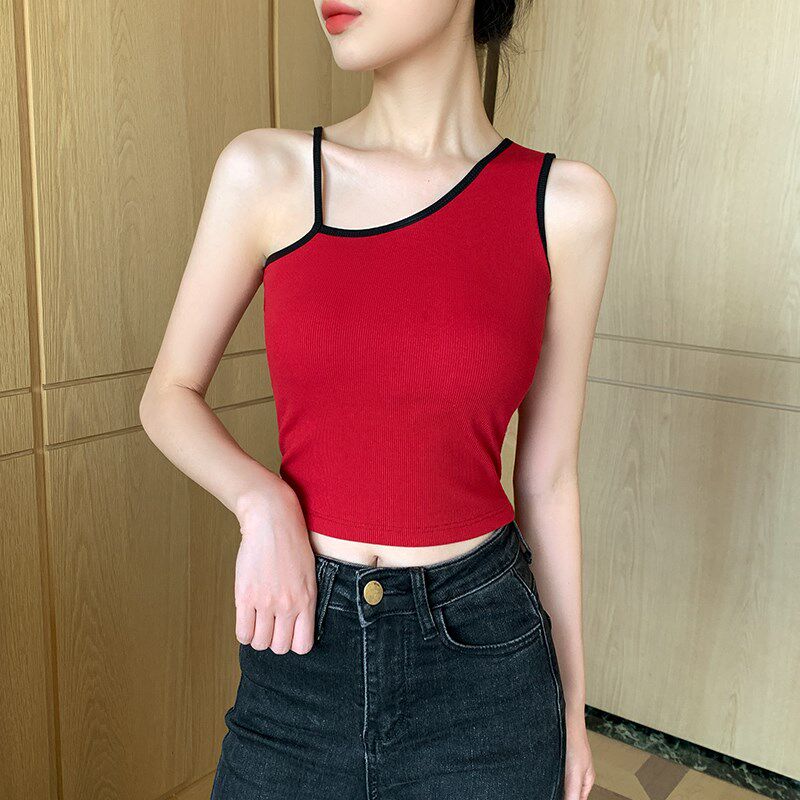 极速撞色吊带背心女带胸垫夏外穿2025新款打底Q内搭不规则美背短