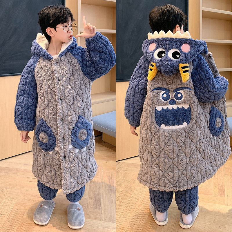 新品儿童三层夹棉睡衣冬季t加绒加厚款男童中大童珊瑚绒家居服套