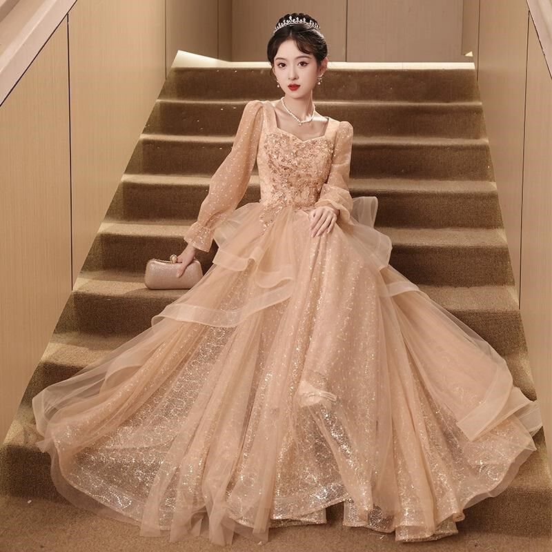 新品大码主持人长袖晚礼服高端轻奢小众高中M女生日18成人礼学生