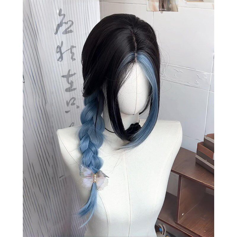 新品前额蕾丝假发女长发自v然全头套式个性蓝挑染黑色中分长直发