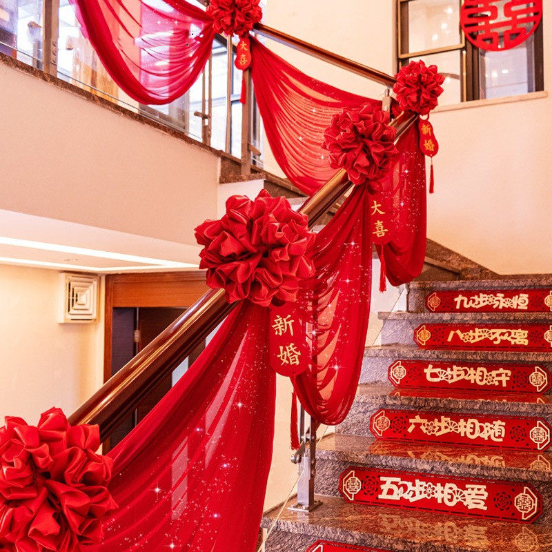 极速自建房别墅结l婚农村院子阳台大门口装饰拉花美人纱幔大红花