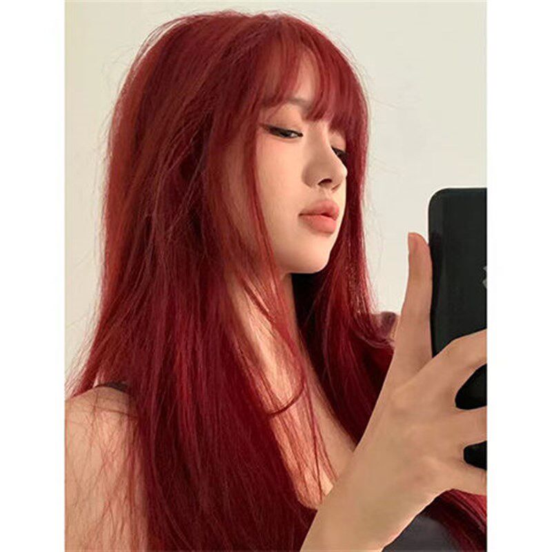 新品假发长c树莓红酒红色自然lolita仿真人甜美长直发全头套女刘
