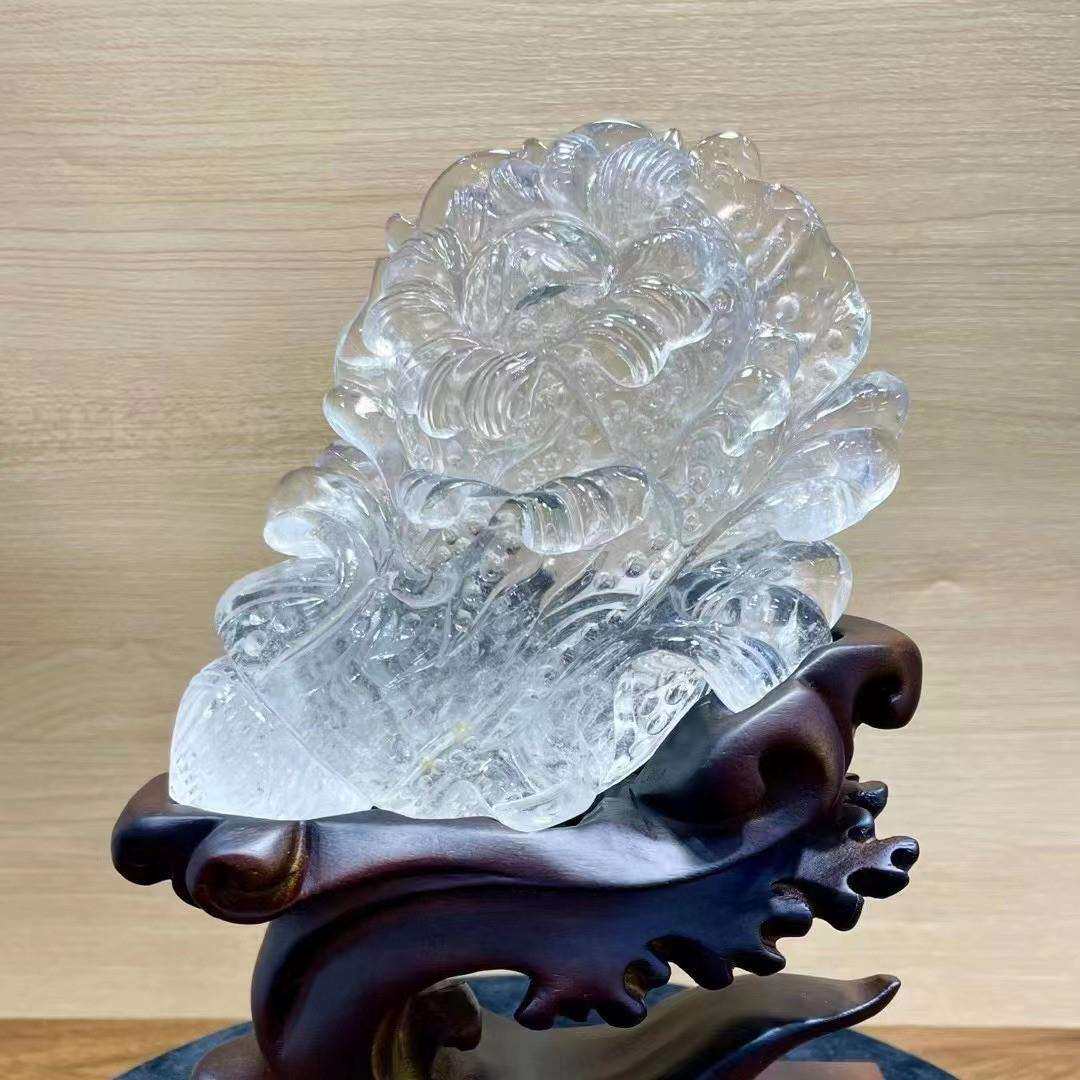 天然白水晶精雕白菜摆件莲花牡丹花（百财）白水晶原石白菜摆件