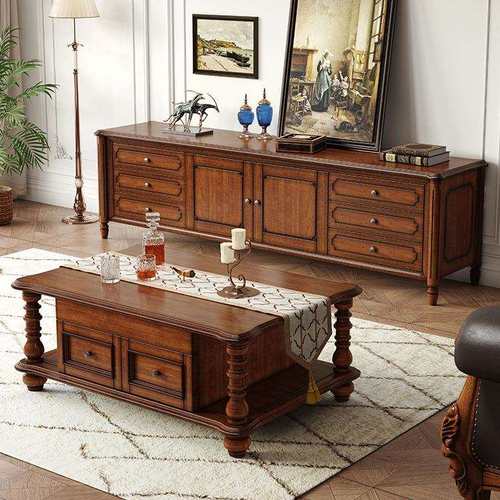 美式乡村复古茶几电视柜组合家用客厅实木地柜轻奢简约收纳储物柜