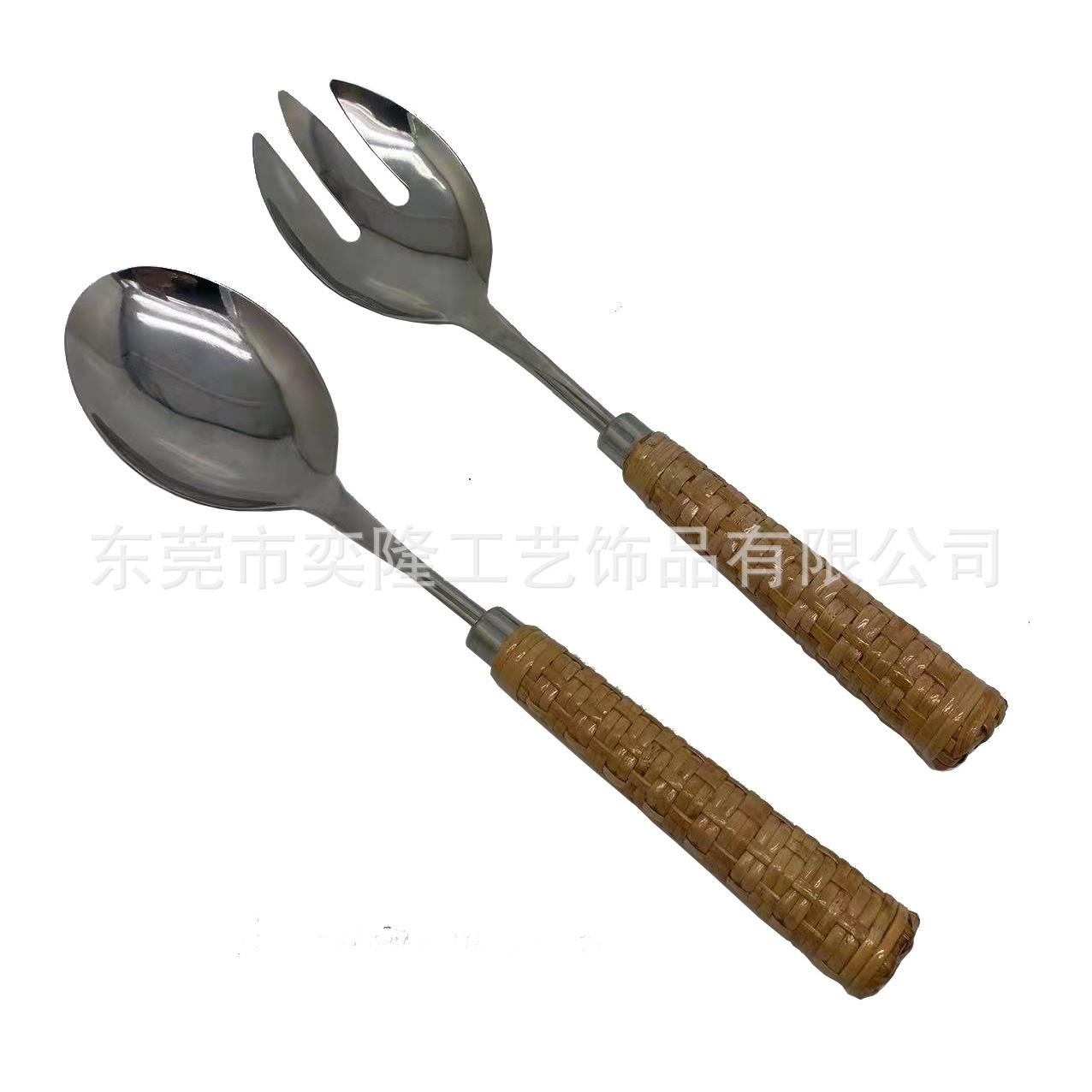 天然藤编手柄水果沙拉叉勺 不锈钢沙拉勺叉套装 沙拉搅拌套装