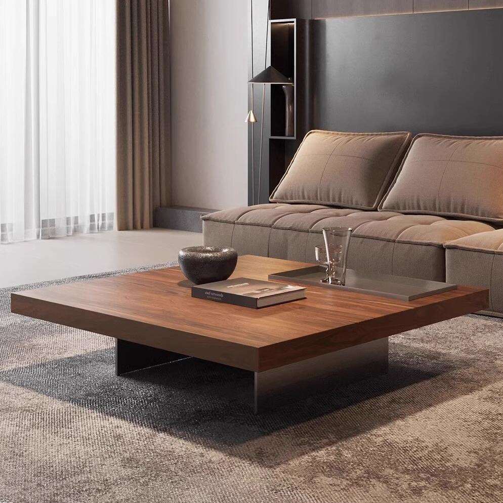 复古胡桃色木纹中古风正方形茶几实木高级感设计师款带储物盒