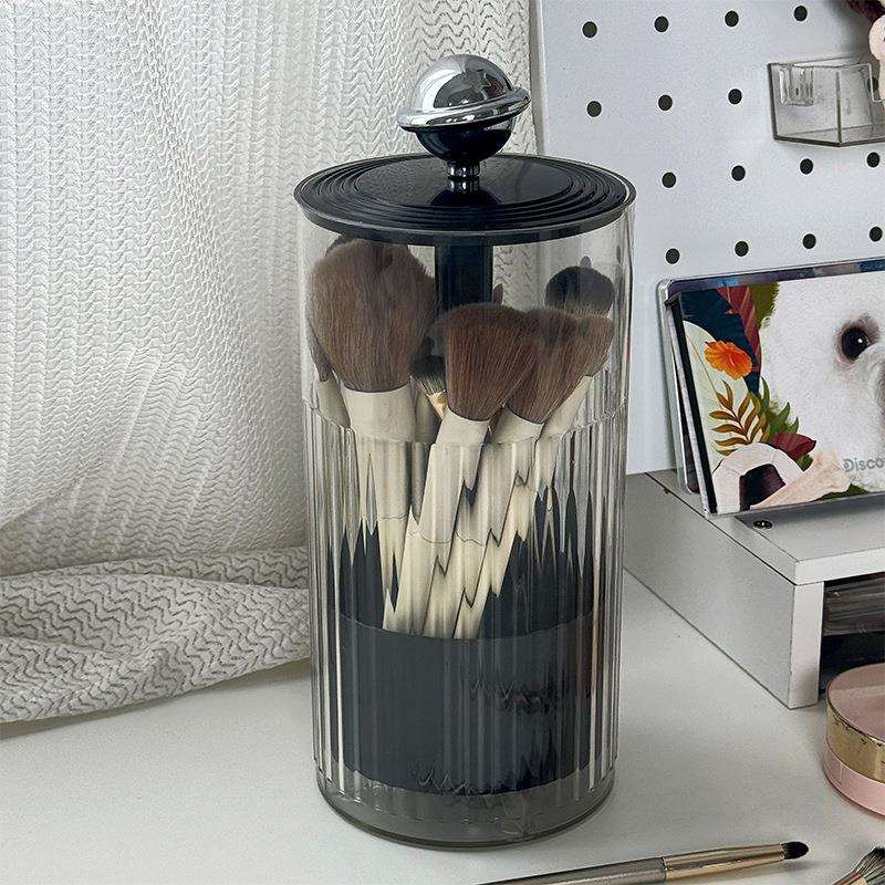 化妆刷收纳桶自动升降梳妆台桌面眉笔眼线笔美妆刷按压收纳盒防尘