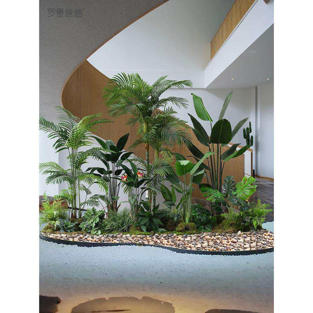 仿真绿植室内楼梯下大型棕葵热带雨林风景观植物造景橱窗装饰盆景