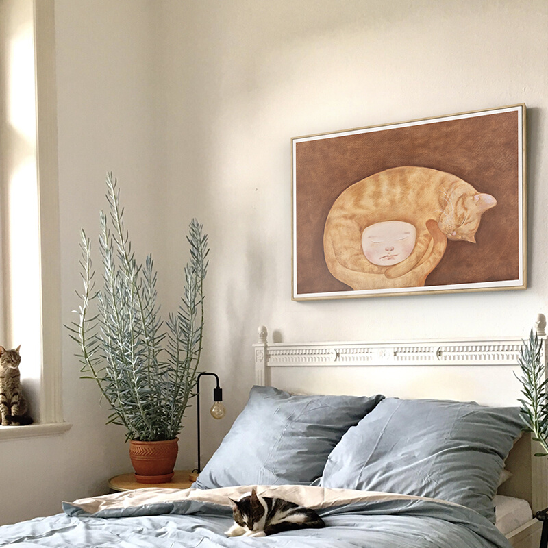 现代北欧横版卧室装饰画治愈系床头挂画现代简约猫咪动物壁画温馨图片