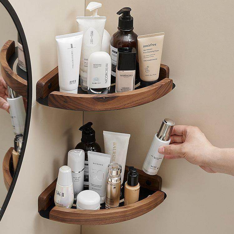 胡桃木卫生间置物架免打孔浴室转角架淋浴房洗澡间三角篮壁挂实木